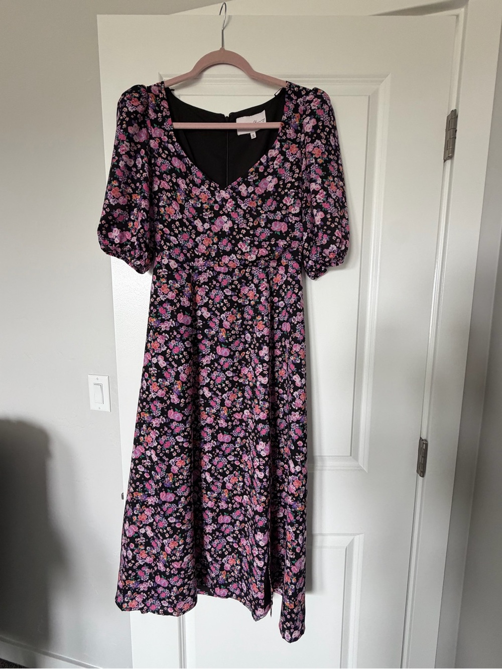 Charles Henry Floral Puff Sleeve Faux Wrap Midi Dress - Small